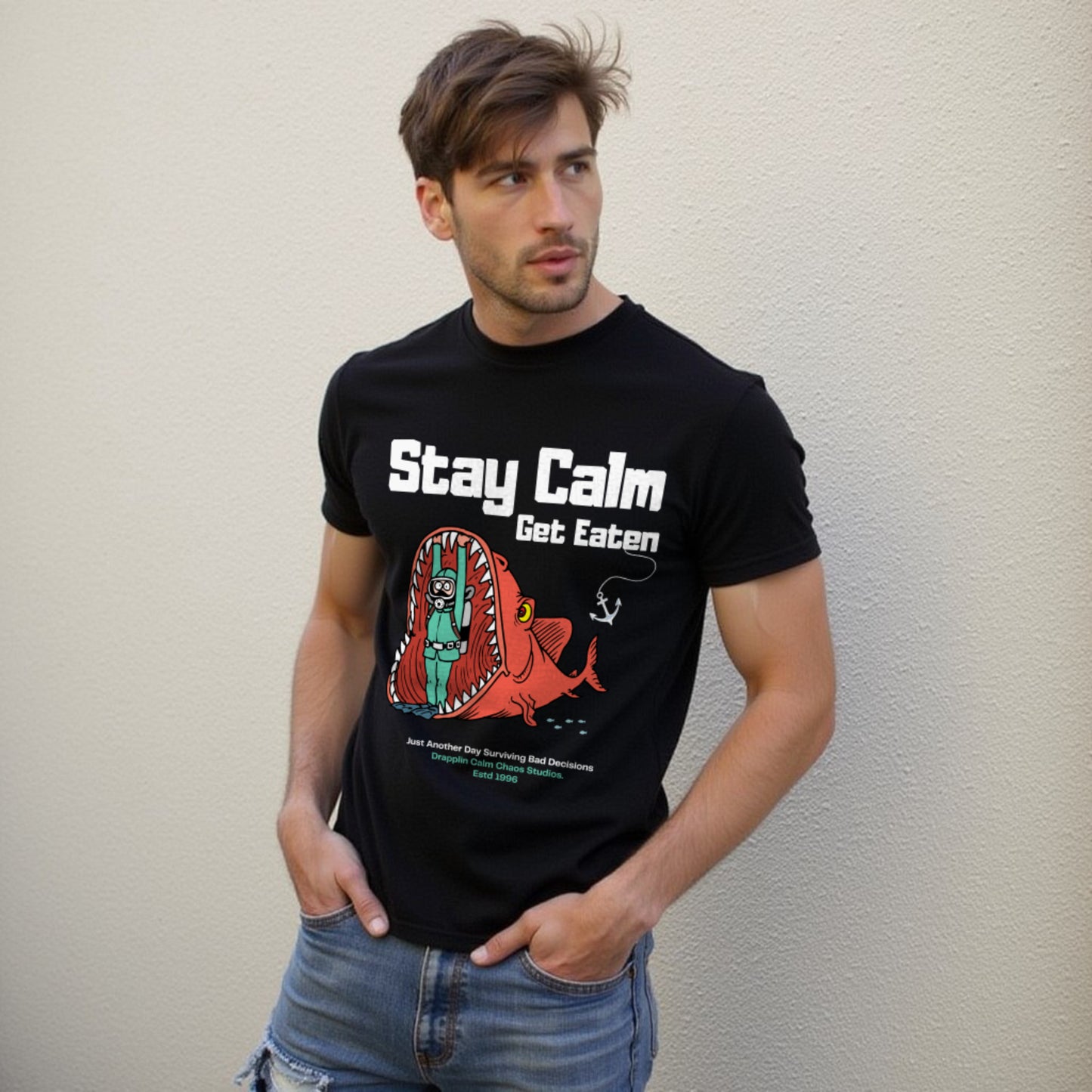 Stay Calm Regular Black Crew Neck Printed T-shirt
