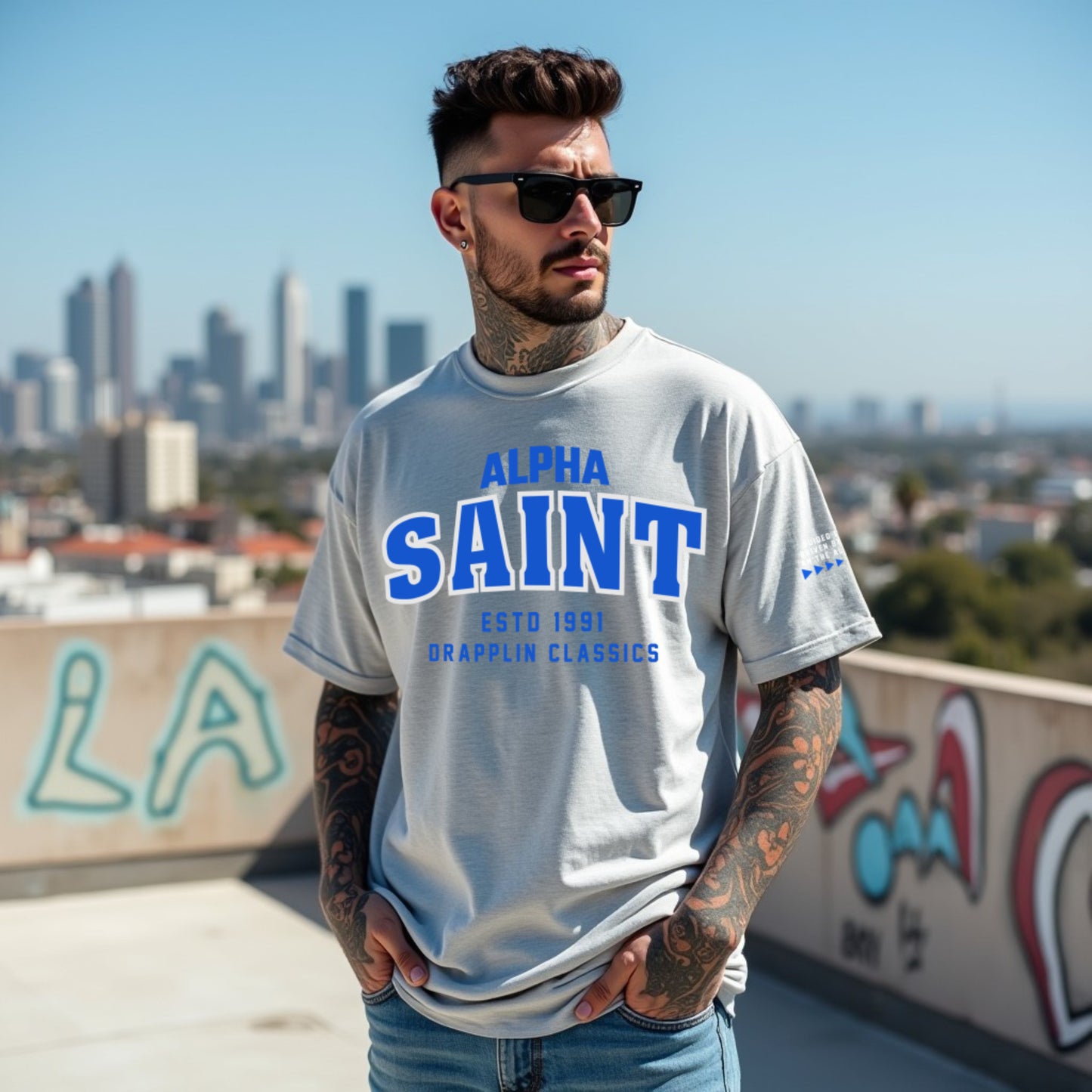 Saint Unisex Grey Mélange Premium Oversized Typographic Printed T-shirt