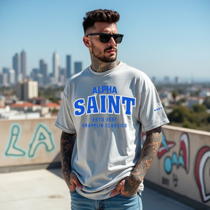 Saint Unisex Grey Mélange Premium Oversized Typographic Printed T-shirt