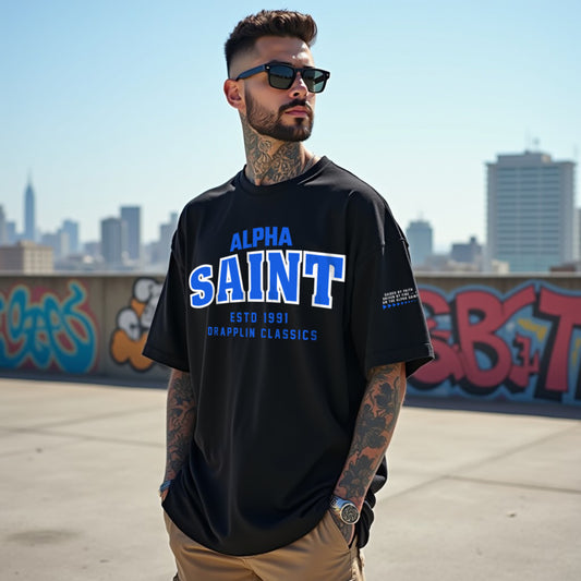 Saint Unisex Black Premium Oversized Typographic Printed T-shirt