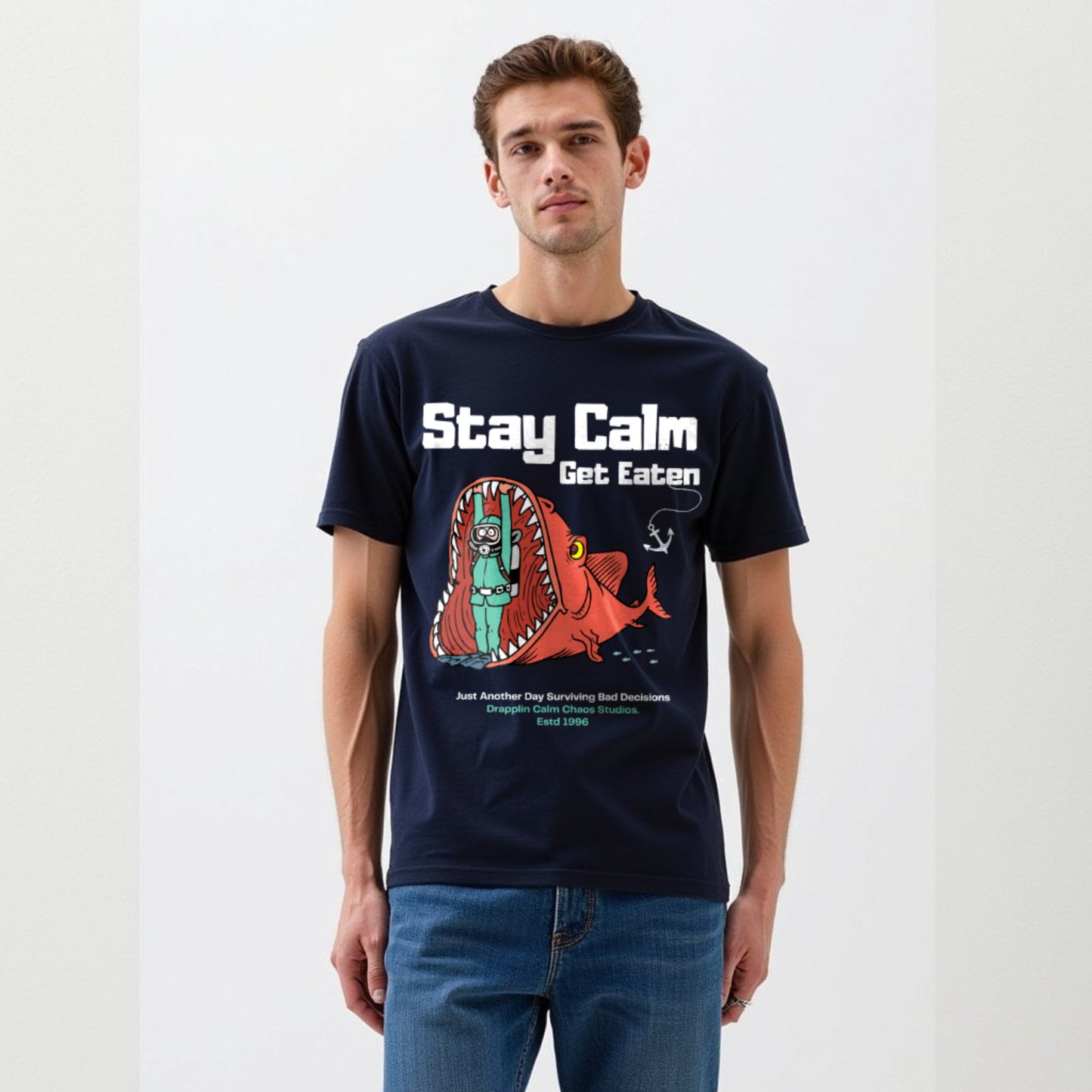Stay Calm Regular Navy Blue Crew Neck Printed T-shirt