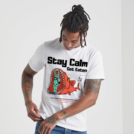 Stay Calm Regular White Crew Neck Printed T-shirt