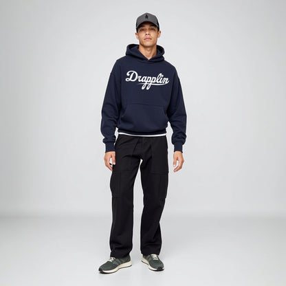 Drapplin Unisex Oversized Navy Blue Typography Printed Hoodie