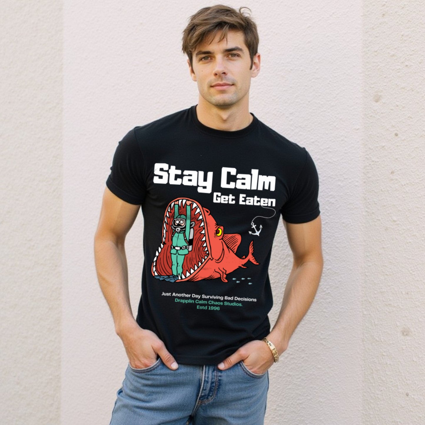 Stay Calm Regular Black Crew Neck Printed T-shirt