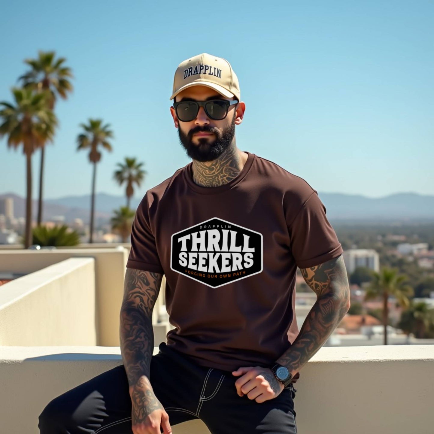Thrill Seekers Brown Crew Neck Graphic Printed T-shirt