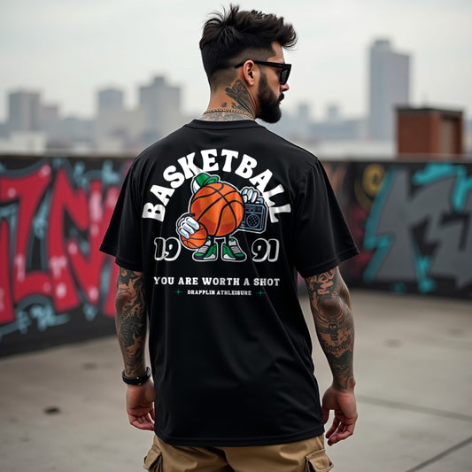 Basketball Premium Black Oversized Typography Back Printed T-shirt
