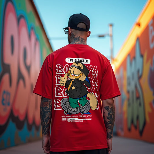 Garfield Premium Red Oversized Typography Back Printed T-shirt