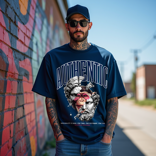 Authentic Premium Navy Blue Oversized Printed T-shirt