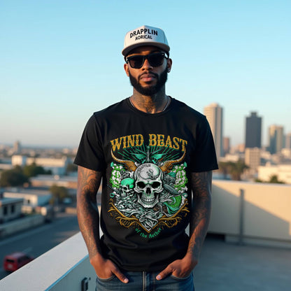 Wind Beast Black Crew Neck Graphic Printed T-shirt
