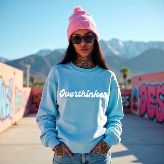 Overthinker Baby Blue Woman Regular Typographic Printed Sweatshirt