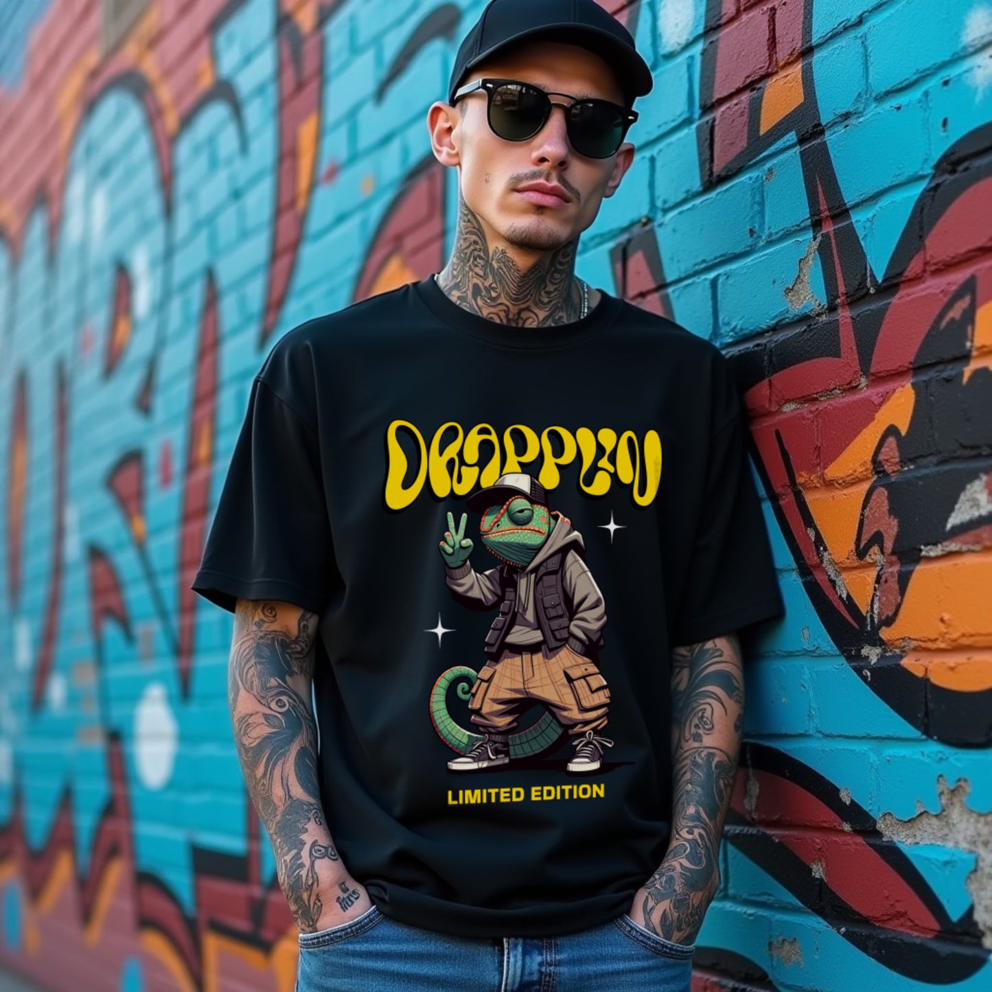 Drapplin Chameleon Premium Black Oversized Printed T-shirt