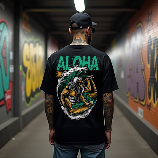 Aloha Black Oversized Typography Back Printed T-shirt