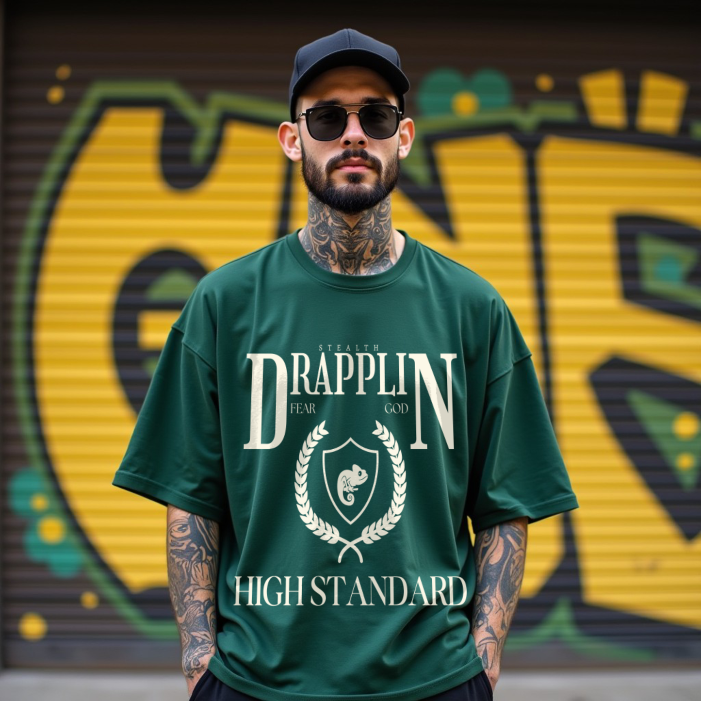 Drapplin Standard Premium Forest Green Oversized Printed T-shirt