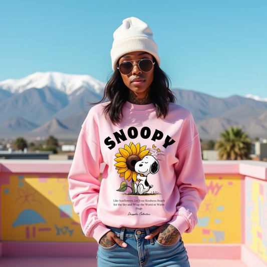 Snoopy Light Baby Pink Woman Regular Typographic Printed Sweatshirt