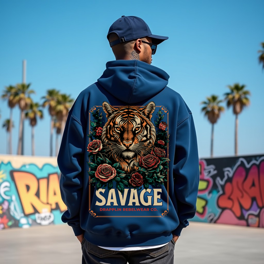 Savage Navy Blue Regular Back Typographic Printed Hoodie