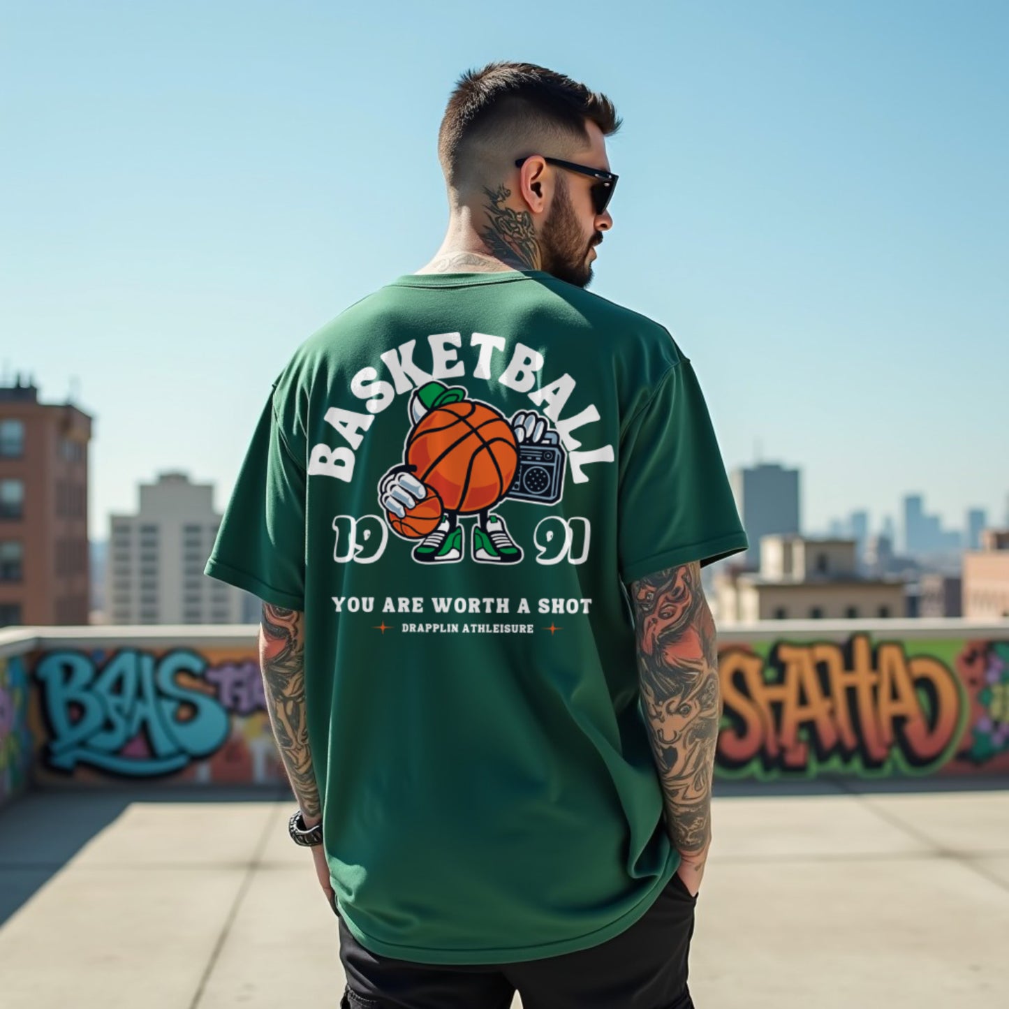 Basketball Premium Forest Green Oversized Typography Back Printed T-shirt