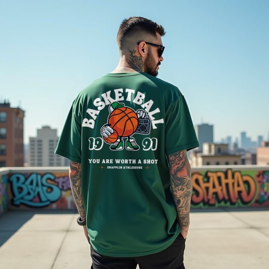 Basketball Premium Forest Green Oversized Typography Back Printed T-shirt