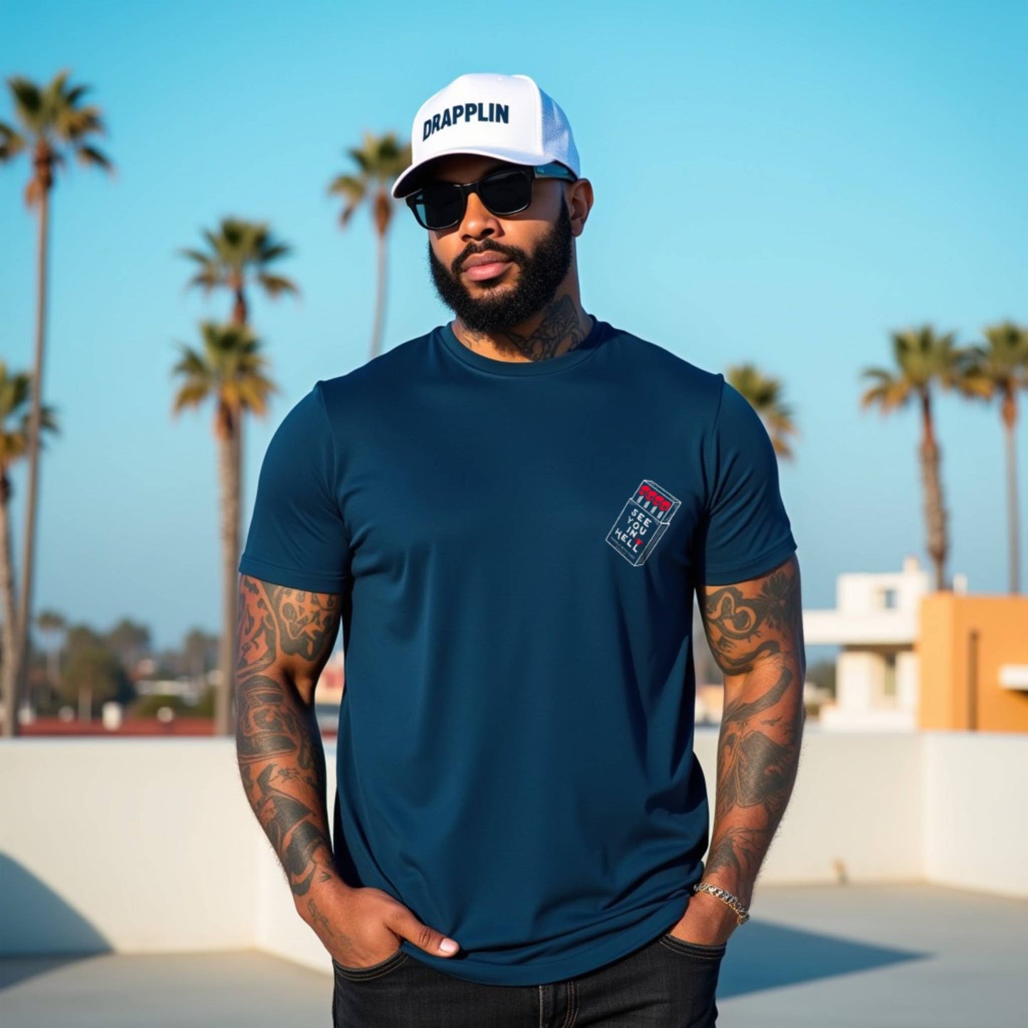 Hell Navy Blue Crew Neck Graphic Printed T-shirt