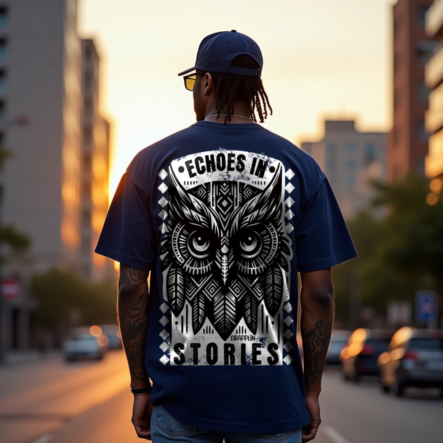 Echoes Premium Navy Blue Oversized Typography Back Printed T-shirt