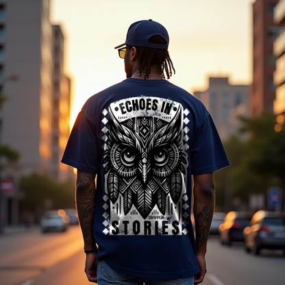 Echoes Premium Navy Blue Oversized Typography Back Printed T-shirt