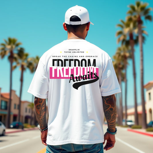 Freedom Awaits Premium White Oversized Typography Back Printed T-shirt
