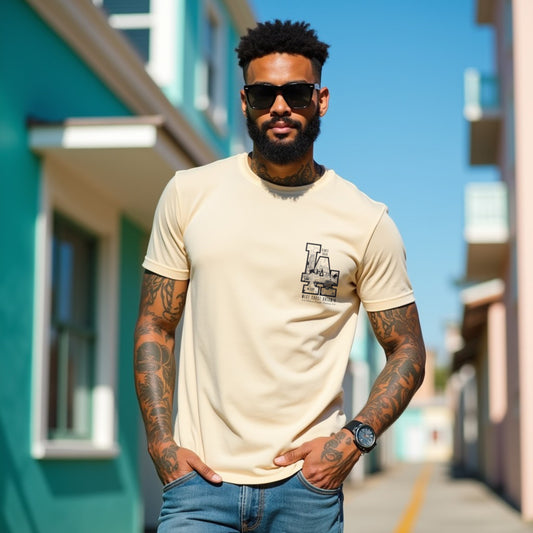 LA Beige Crew Neck Graphic Printed T-shirt