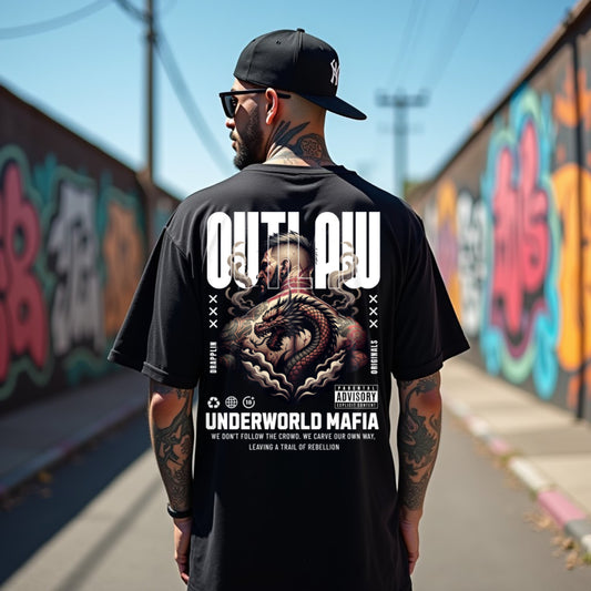 Outlaw Premium Black Oversized Typography Back Printed T-shirt