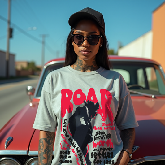 Roar Premium Woman Grey Mélange Oversized Printed T-shirt
