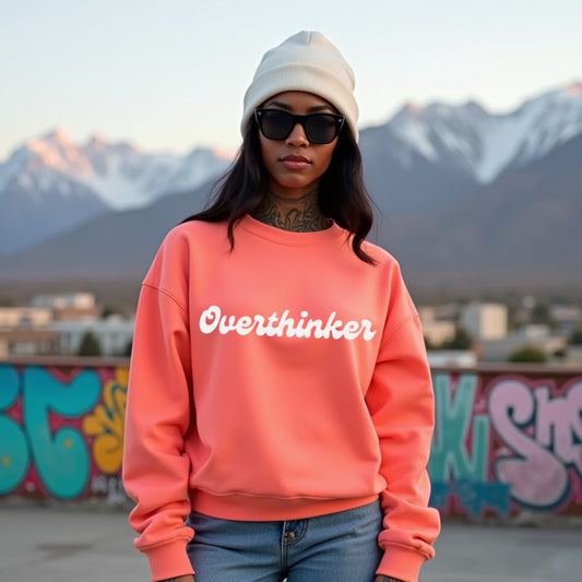 Overthinker Coral Woman Regular Typographic Printed Sweatshirt