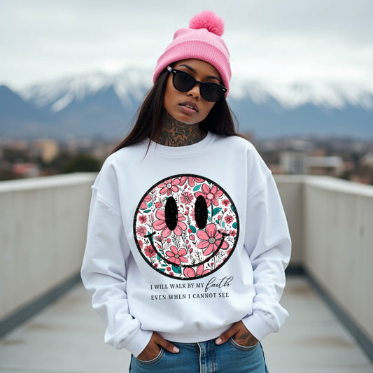 Smiley White Woman Regular Typographic Printed Sweatshirt