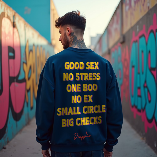 No Stress Navy Blue Oversized Back Typographic Printed Sweatshirt