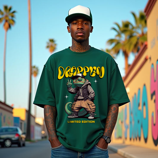 Drapplin Chameleon Premium Forest Green Oversized Printed T-shirt