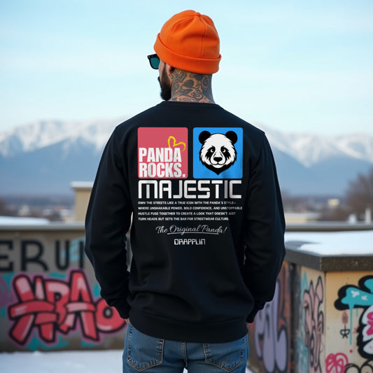 Panda Rocks Black Oversized Back Typographic Printed Sweatshirt