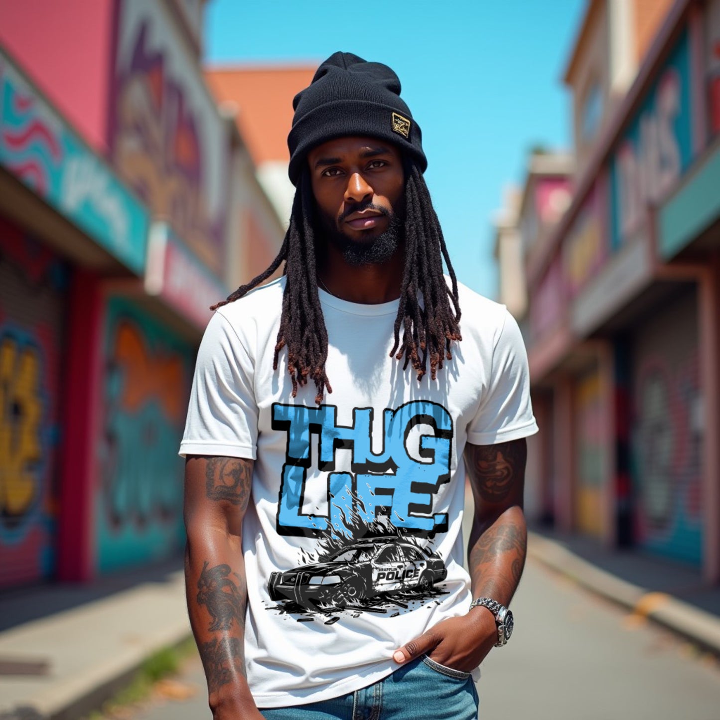 Thug Life White Crew Neck Graphic Printed T-shirt