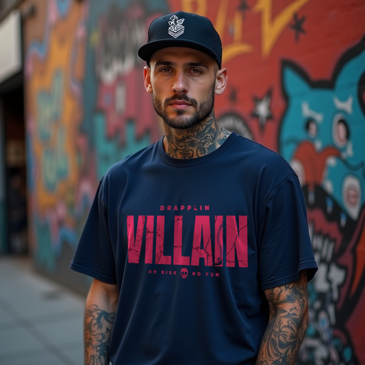 Villain Premium Navy Blue Oversized Typography T-shirt