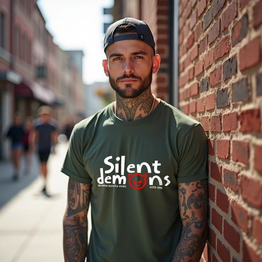 Silent Demons Olive Green Crew Neck Graphic Printed T-shirt