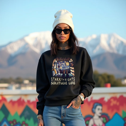 Starry Nights Black Woman Regular Typographic Printed Sweatshirt