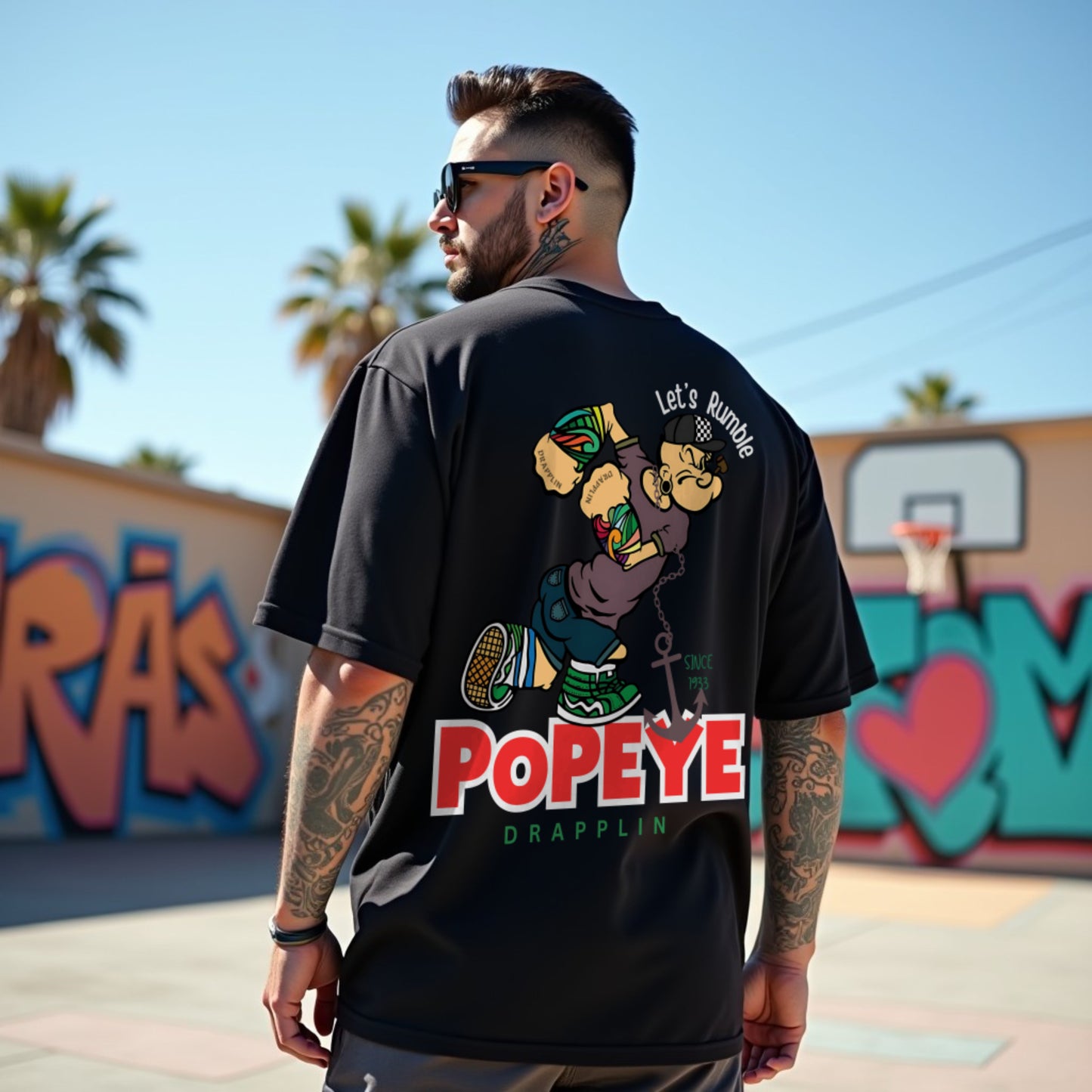 Popeye Premium Black Oversized Typography Back Printed T-shirt