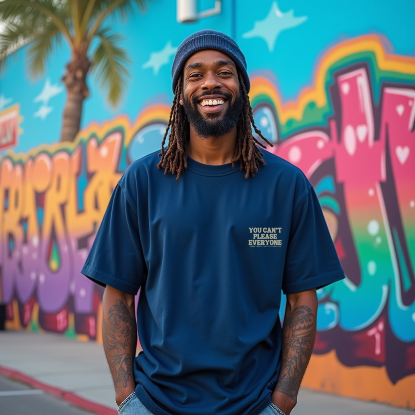 Can't Please Everyone Premium Navy Blue Oversized Typography Back Printed T-shirt