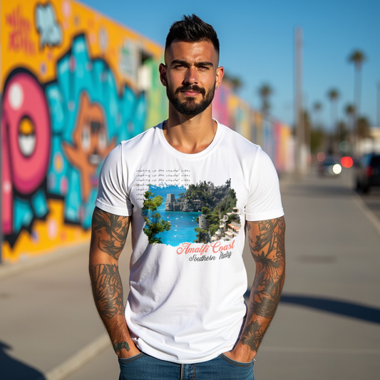 Amalfi Coast White Crew Neck Graphic Printed T-shirt