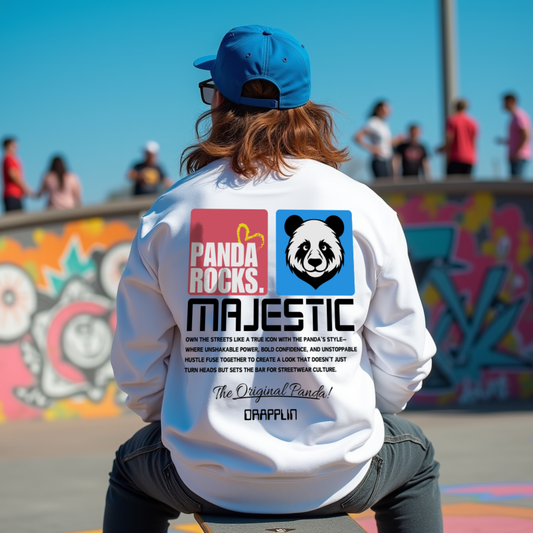 Panda Rocks White Oversized Back Typographic Printed Sweatshirt