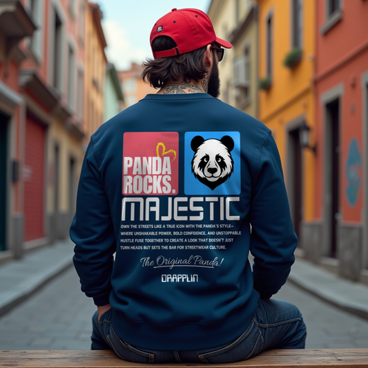 Panda Rocks Navy Blue Oversized Back Typographic Printed Sweatshirt