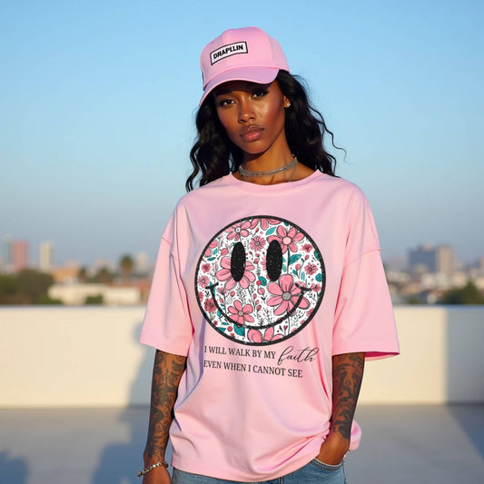 Smiley Premium Baby Pink Woman Oversized Printed T-shirt