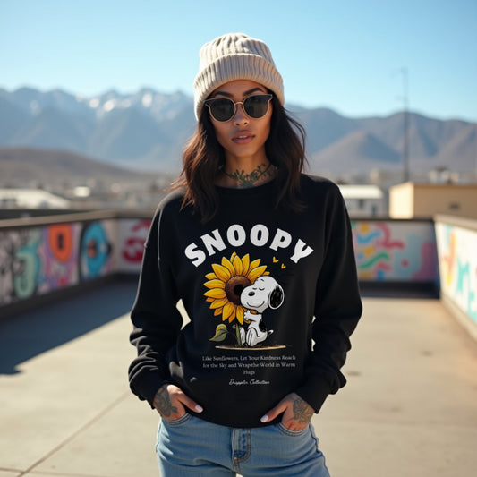 Snoopy Black Woman Regular Typographic Printed Sweatshirt
