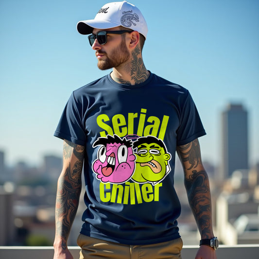 Serial Chiller Navy Blue Crew Neck Graphic Printed T-shirt