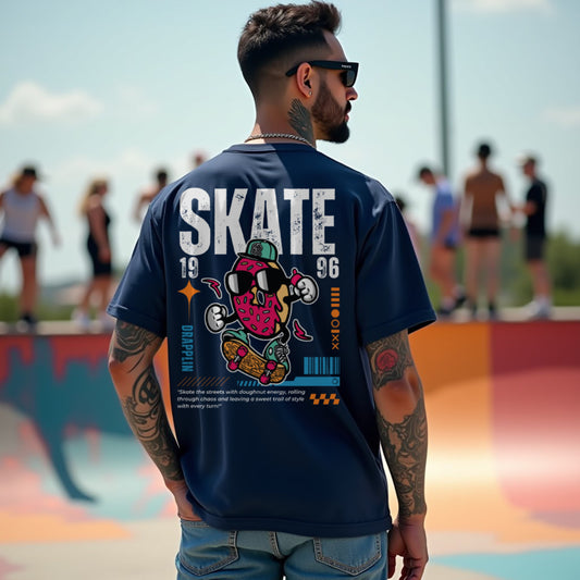 Skate Navy Blue Oversized Typography Back Printed T-shirt