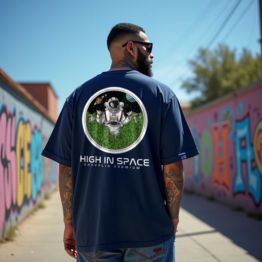 Space Premium Navy Blue Oversized Typography Back Printed T-shirt