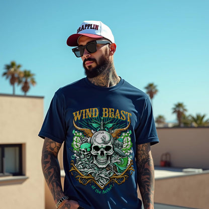 Wind Beast Navy Blue Regular Crew Neck Graphic Printed T-shirt