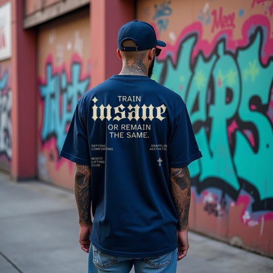 Insane Premium Navy Blue Oversized Typography Back Printed T-shirt