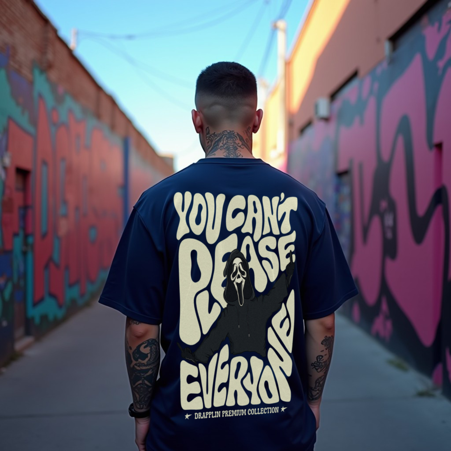 Can't Please Everyone Premium Navy Blue Oversized Typography Back Printed T-shirt